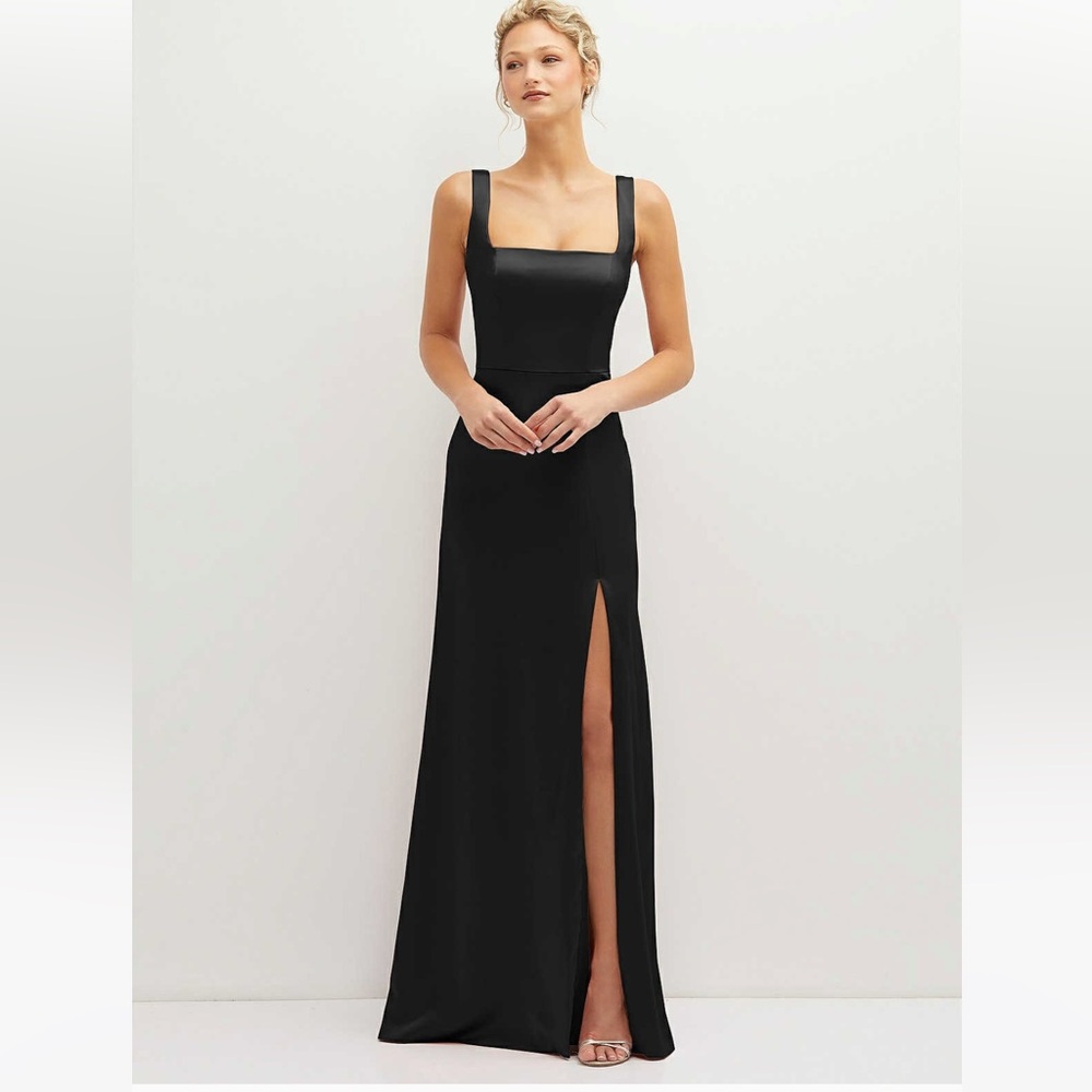 Dessy Collection SQUARE-NECK SATIN A-LINE MAXI DRESS WITH FRONT SLIT IN BLACK